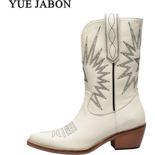 White Black Western Boots Women Autumn Winter Slip On Solid Color Boots Pointy Toe Cowboy Cowgirl Motorcycle Boots for Female