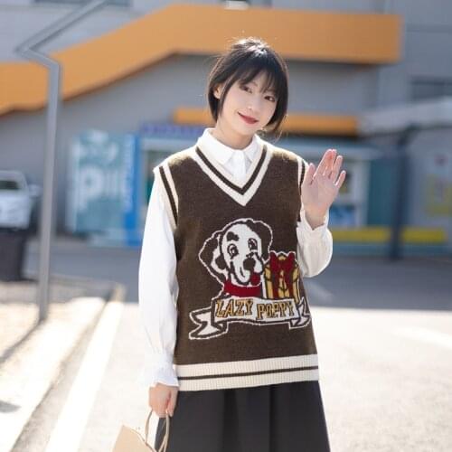 2021 Winter Warm Sweater Vest Women Harajuku Dog Jacquard Kawaii Sleeveless Sweaters Cute Knitted V-neck Jumpers Girl Pullovers