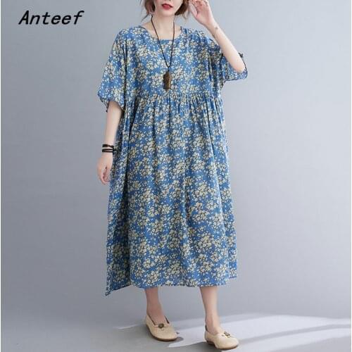 Short sleeve cotton vintage floral dresses for women casual loose long woman summer dress elegant clothes 2021