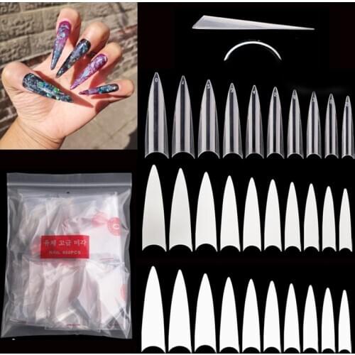 500/600 Pcs False Nail Tips Long Sharp French Acrylic Fake Nails 10 Sizes Artificial Stiletto Salon DIY Nail Art Tips Care Tools