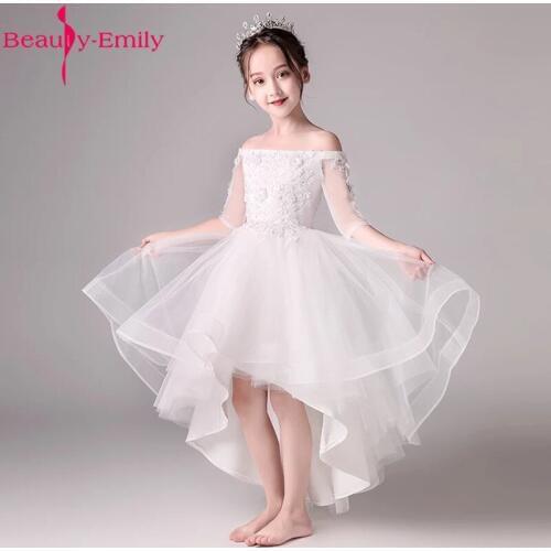 White Boat Neck Short Front Long Back Flower Girl Dress New Off Shoulder Girls Dress for Wedding Vestido Primera Comunion 2019