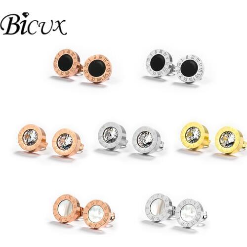 BICUX Small Stainless Steel Rose Gold Silver Color Crystal Women Stud Earrings for Women Fashion Jewelry Roman Numerals Earring