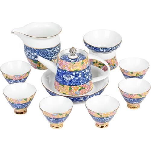 The new fight color flower process Kung Fu tea sets blue and white home ceramic tea pots gift box set