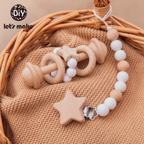 LetS Make Baby Toys Wooden Rattle Beech Toys Star Bracelet Bell Pacifier Clip Montessori Toy Stroller Educational Toys