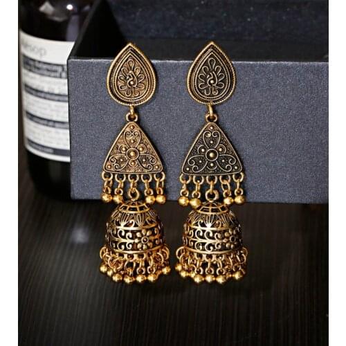 Ethnic Womens Triangle Carved Gold India Earrings Bohemia Tibetan Jewelry Tassel Jhumka Earrings Oorbellen