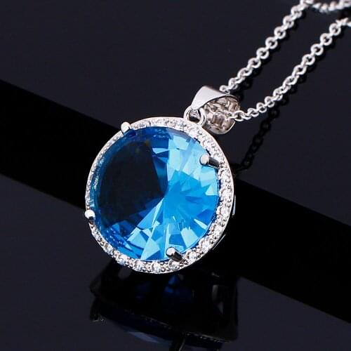 FCGJHW Fashion Hot Pendant Necklace Large Inlay Round 15MM Color Tourmaline Blue Zircon Pendant Necklace Party Gift