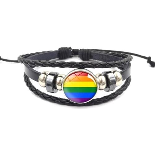 8 Style Gay Pride Glass Buckle Charm Bracelet Rainbow Flag Gay Jewelry Handmade DIY Beaded Weave Black Leather LGBT bracelet