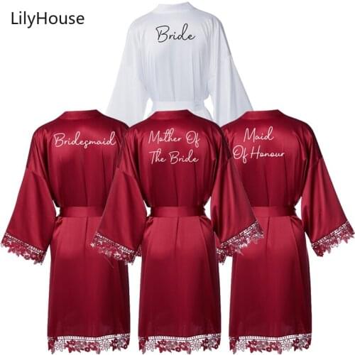 Matt Satin Robe Bride Bridesmaid Robes with Lace Robe Women Wedding Bridal Robe Bride Team Bathrobe White Robes