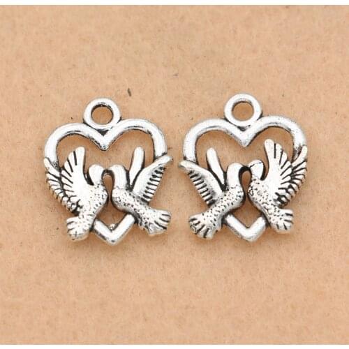 KJjewel Antique Silver Plated Dove Heart Charms Pendants Jewelry DIY Findings Jewelry Making Bracelet Accessories 17mm