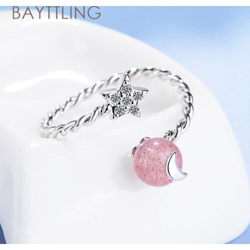 BAYTTLING New 925 Sterling Silver Twisted Moon Star Zircon Open Ring For Woman Luxury Wedding Jewelry Gift