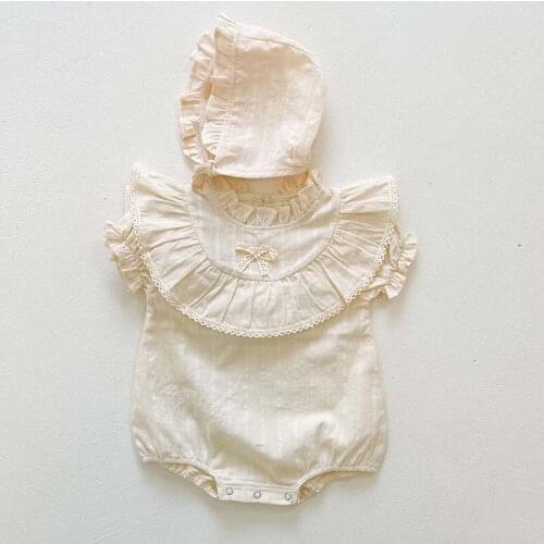 Korean Summer Baby Girls Bodysuit Lace Sleeveless Infant Jumpsuits Princess Newborn Girls Clothes+Hat Outfit