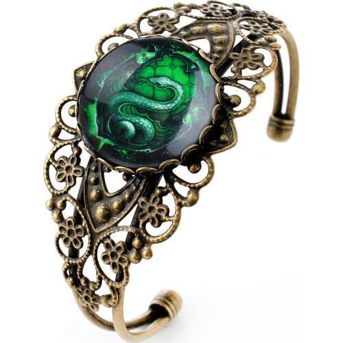 Lureme Vintage Jewelry Time Gem Series Green Snake Antique Bronze Hollow Flower Open Bangle Bracelet for Women (06002719)