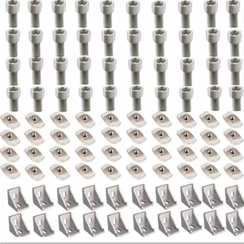 3030 Aluminum Profile Connector Set: 40Pcs M6 X 12 Cylindrical Hexagon head bolt + 20Pcs 3030 Corner Bracket + 40Pcs M6 T-nut