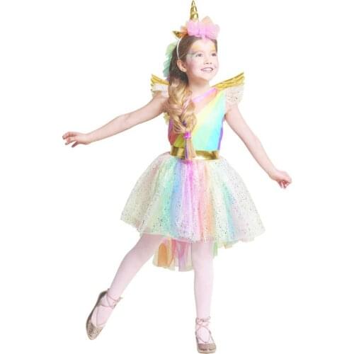 New Girls dress Rainbow Unicorn Party With Headband Halloween Christmas Cosplay Costume Kids 2019 Summer Dress Party Dress