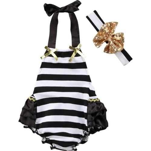 New Infant Newborn Baby Girls Striped Lace Summer Ruffle Jumpsuit Sunsuit Outfits Set with Headkerchief