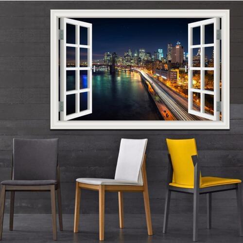New York Brooklyn High Quality 3d New Sticker Removable Night Landscape For Window Decal Home Decor Wallpaper Wall Art