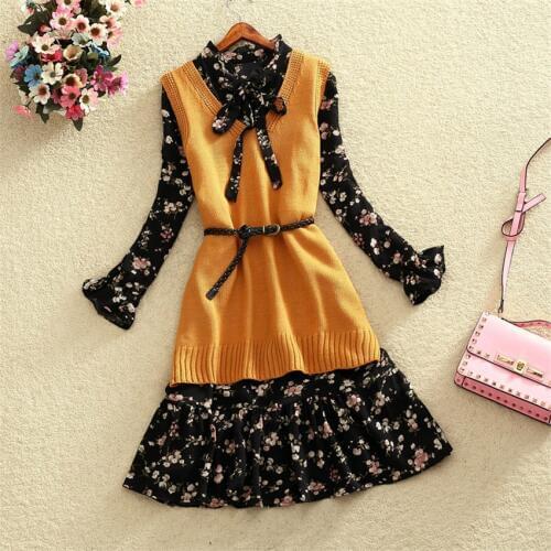 Fashion Autumn Two Pieces Women Knittde Vest+Long Sleeve Chiffon Dresses Flower Bow Tie Dress Vestidos Winter Bottomings WZ604