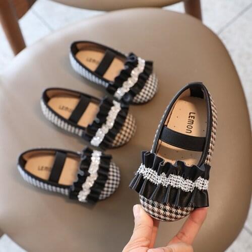 2021 Autumn Girls Shoes Ruffles Princess Shoes Plaid Mary Janes Shoes Kids Flats Jacquard Fabric Boat Shoes Baby Toddlers Shoes