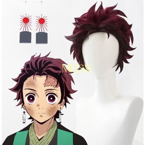 Demon Slayer: Kimetsu no Yaiba Tanjiro Kamado Short Chestnut Brown Heat Resistant Hair Cosplay Costume Wig + A Pair Of Ear-Rings