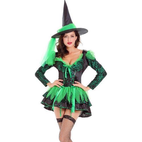 Deluxe Adult Halloween Witch Costume For Women Sexy Green Magic Moment Costume Carnival Party Fancy Dress