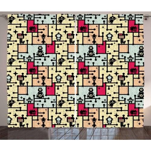 Robot Squares Curtains Retro Geometric Grid Design Satin Fabric Drapes for Living Room Bedroom 2 Panel Window Set