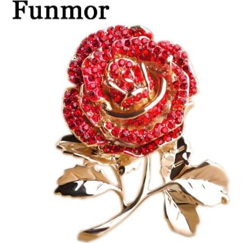 Crystal Flower Rose Brooches For Women Classic Mujer Rosa Broche Gold-color Leaf Jewelry Red Love Bijoux Mothers Day Gifts