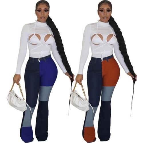 Contrast Color Patchwork Casual Bell Bottom Pant Women High Waist Skinny Bodycon Flare Trouser Streetwear Party Club Denim Jean