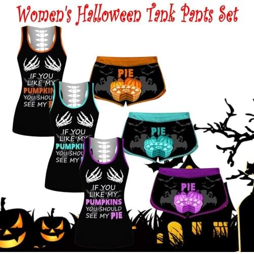 Funny 3D Skull Head Printed Women Set Sleeveless Vest And Shorts 2Pcs Outfits Summer Casual Halloween Tank Tops Pajama #T2G