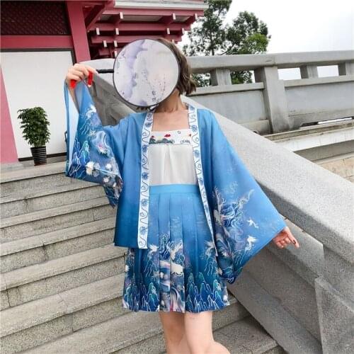 Hanfu Women 3 Piece Set Girls Improved Chinese Style Traditional Fairy Folk Kimono Summer Short Skirt Suit Chinese Clothes 12689