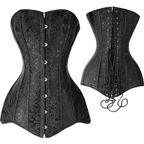 Lady Sexy Steel Boned Long Waist Cincher Corset Bustiers Body Shaper Steampunk Brocade Lace Up Corselet
