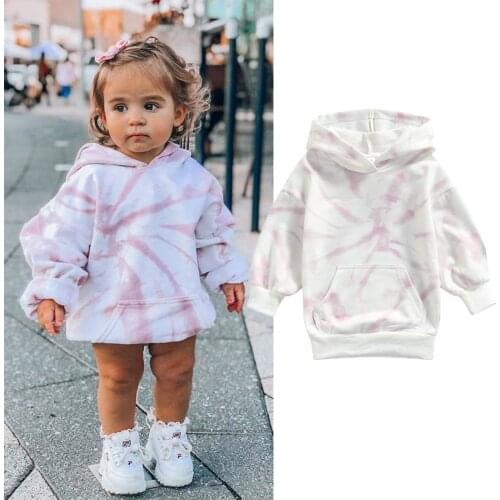 1-5Y Autumn Fashion Children Kids Girls Hoodies Dress Tie Dye Print Long Sleeve Pullover Big Pocket Straight Mini Dress Clothes