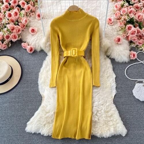 Turtleneck Long Sleeve Knitted Bodycon Dress for Women Solid Autumn Winter Basic Yellow Dress with Belt Tight Fit Sweater Dress