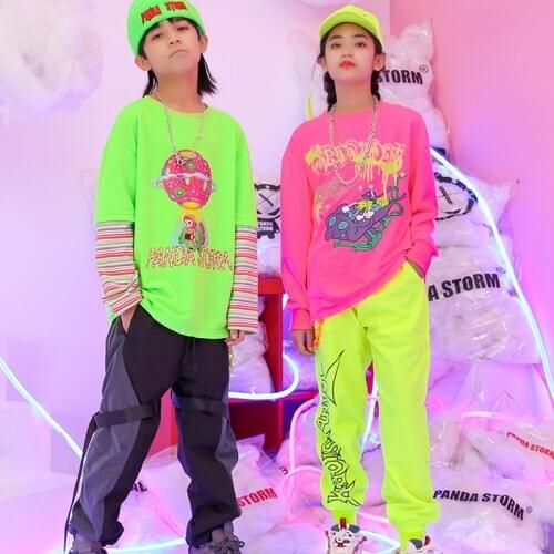 2020 Kids Hiphop Costume Long Sleeve Girls Jazz Clothes Neon Green/Pink T-Shirt Bright Pants Team Stage Show Dance Outfit BL5023