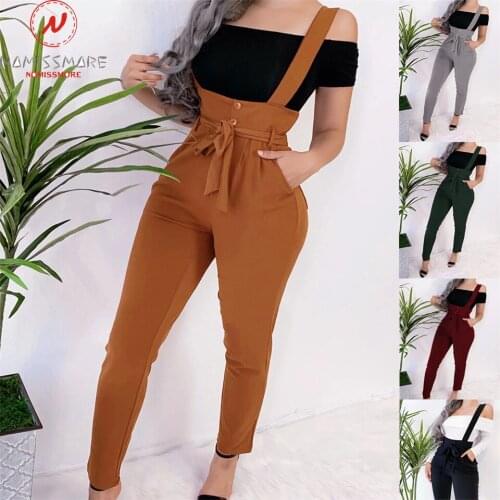 2021 Women Streetwear Long Bandage Design Button Pockets Decor High Waist Pencil Pants Slim Hips Shoulder Trousers Rompers