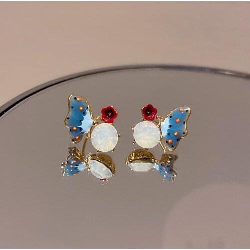 2021 Wholesale Korean Diamond Butterfly Stud Earrings Colorful Flower Earrings for Girl Woman Fashion Jewelry