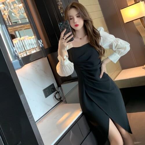 2021 Women Square Collar Split Vestidos Elegant Sexy Party Women Patchwork Bodycon Dress Spring Autumn Asymmetrical Midi Dresses