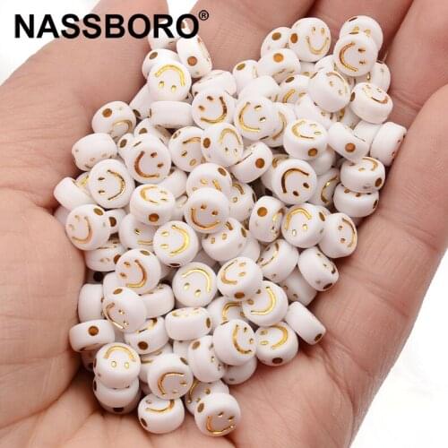 100pcs/lot 4x7mm Gold Smiley Acrylic Beads For Jewelry Making White Loose Spacer Beads Handmade DIY Bracelet Earrings Necklace