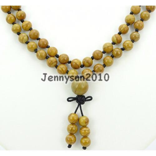 Natural Wood Grain Ja-sper 6mm Gems Stone Buddhist 108 Beads Prayer Mala Knot Necklace Multi-Purpose 5Strands/Pack