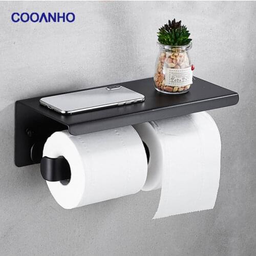 COOANHO Double Roll Toilet Paper Holder-Wall-Mounted Storage Double Roll Paper Towel Bathroom Toilet Paper Holder (Matt Black)