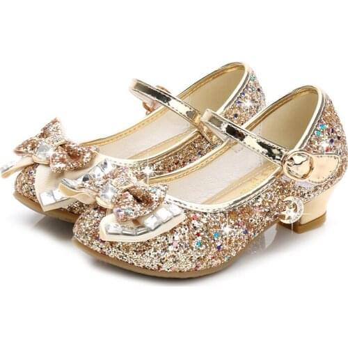 Ruyi Princess Kids Leather Shoes for Girls Flower Casual Glitter Children High Heel Girls Shoes Butterfly Knot Blue Pink Silver