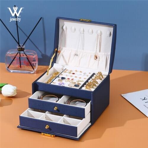 WE Navy 3-layer Multi-function PU Travel Portable Locked Jewelry Storage Box Ring Earring Necklace Organizer Case Accessories