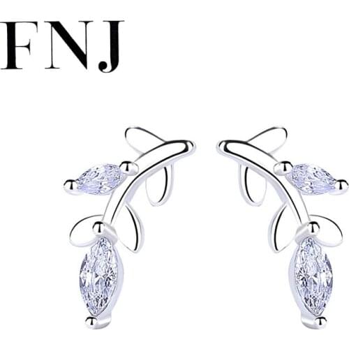 FNJ White Zircon Leaf Earrings 925 Silver Jewelry Original Pure S925 Sterling Silver Stud Earring for Women
