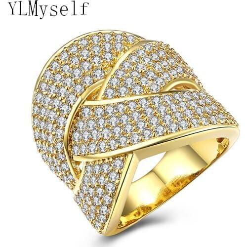 Party Ring Trendy Big Lady jewelry new arrival pave Aaa crystal stones Sparkly white and Gold color rings for women