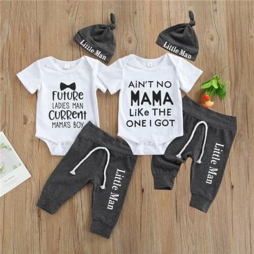 Boys Outfits Short Sleeve Letter Print Romper Knot Front Pants Hat 3Pcs Outfits Clothes Baby Newborn Set