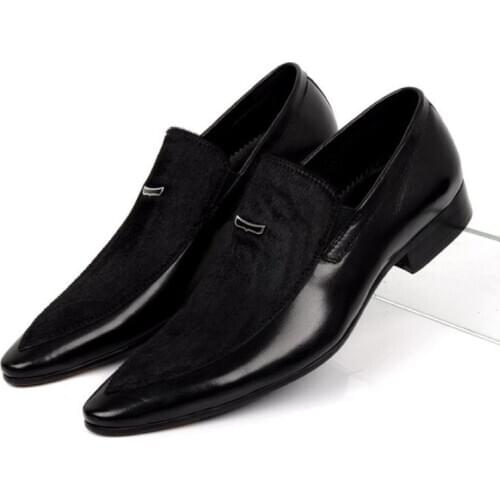 Horse Hair Genuine Leather Dress Men Shoes Black Wedding Shoes Mens Business Office Work Pointed Toe Slip-On Shoes Size 37-45