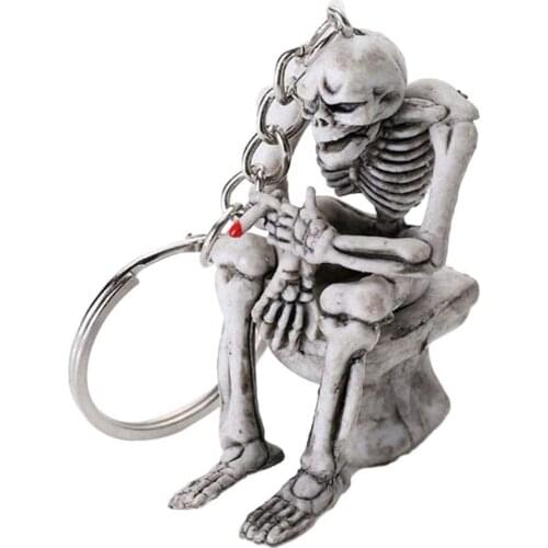 Cool Skull Toilet Keychain Creative Skeleton Skull Sitting on The Toilet Keyring Purse Pendant Accessories Halloween Spoof Gift