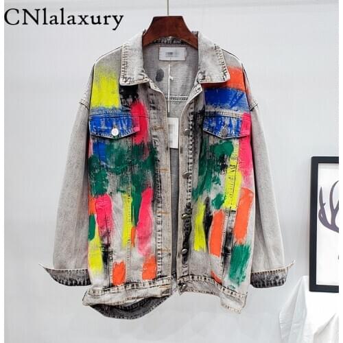 Fashion Streetwear Women Denim Coat 2020 Women Colorful Graffiti Deinm Jacket Female Loose Jeans Jacket Outwear mujer chaqueta