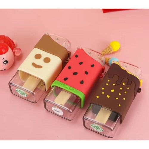 Cartoon Cute Ice Cream Water Bottle Creative Square Watermelon Cup Portable Leakproof Smile Children Kettle with Straw