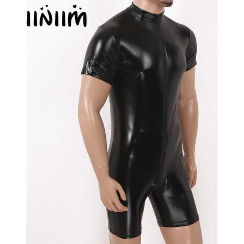 Mens Gay Fancy Costumes Clubwear Wetlook Front Zipper Catsuit Bodysuit Teddies Bodystocking Latex for Male Cocktail Parties