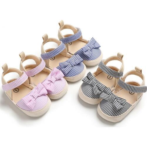 Brand Newborn Infant Summer Shoes Baby Girl Boy Soft Crib Shoes Anti-slip Sneaker Striped Bow Prewalker 0-18M